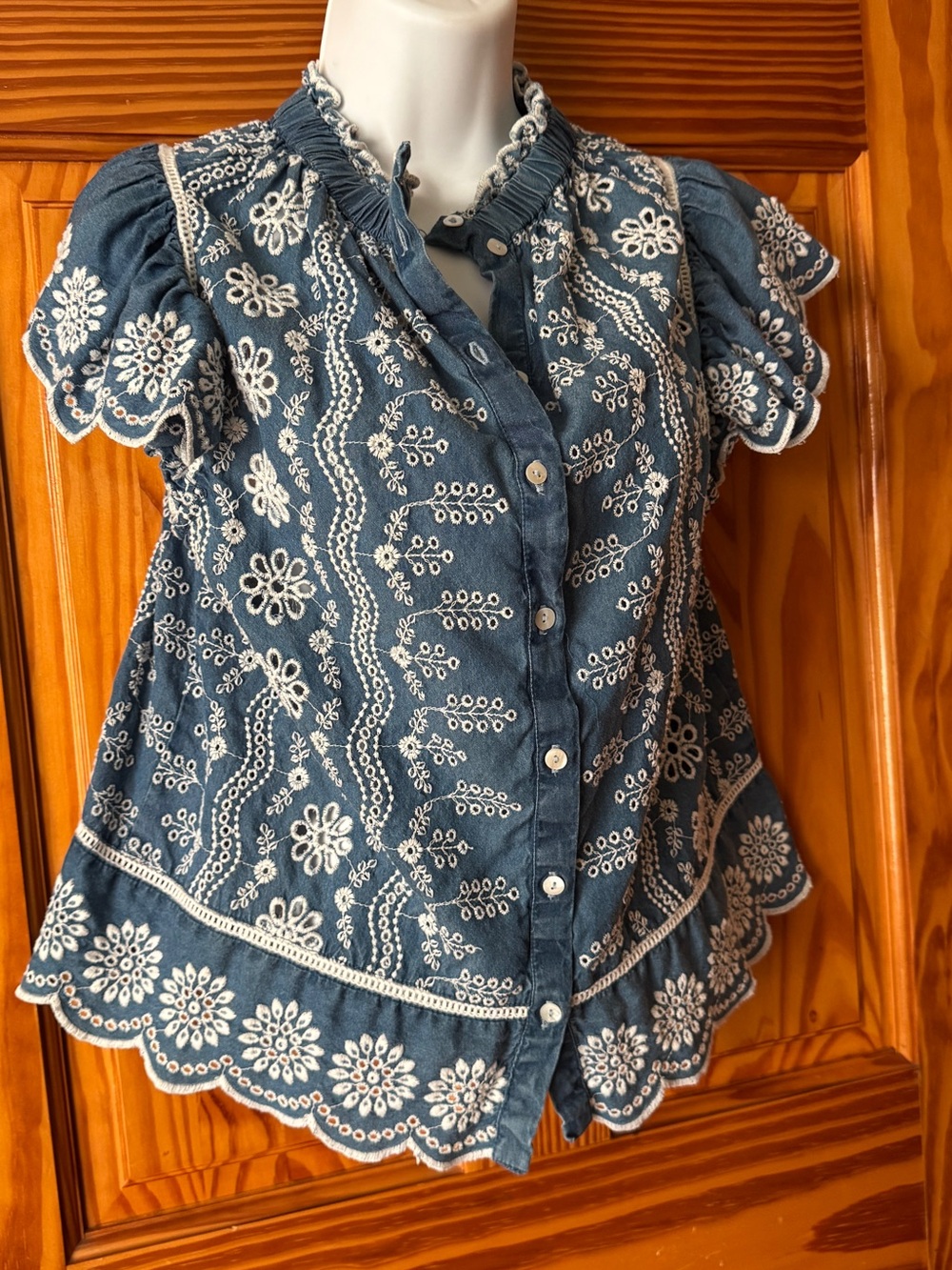 Jennifer Behr Blue Button-Down Embroidered Cotton Top
